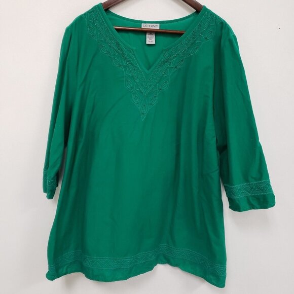 Catherines Womens Embroidered Beaded Aztec Top Size 2X Kelly Green Mature Boho - Picture 1 of 12
